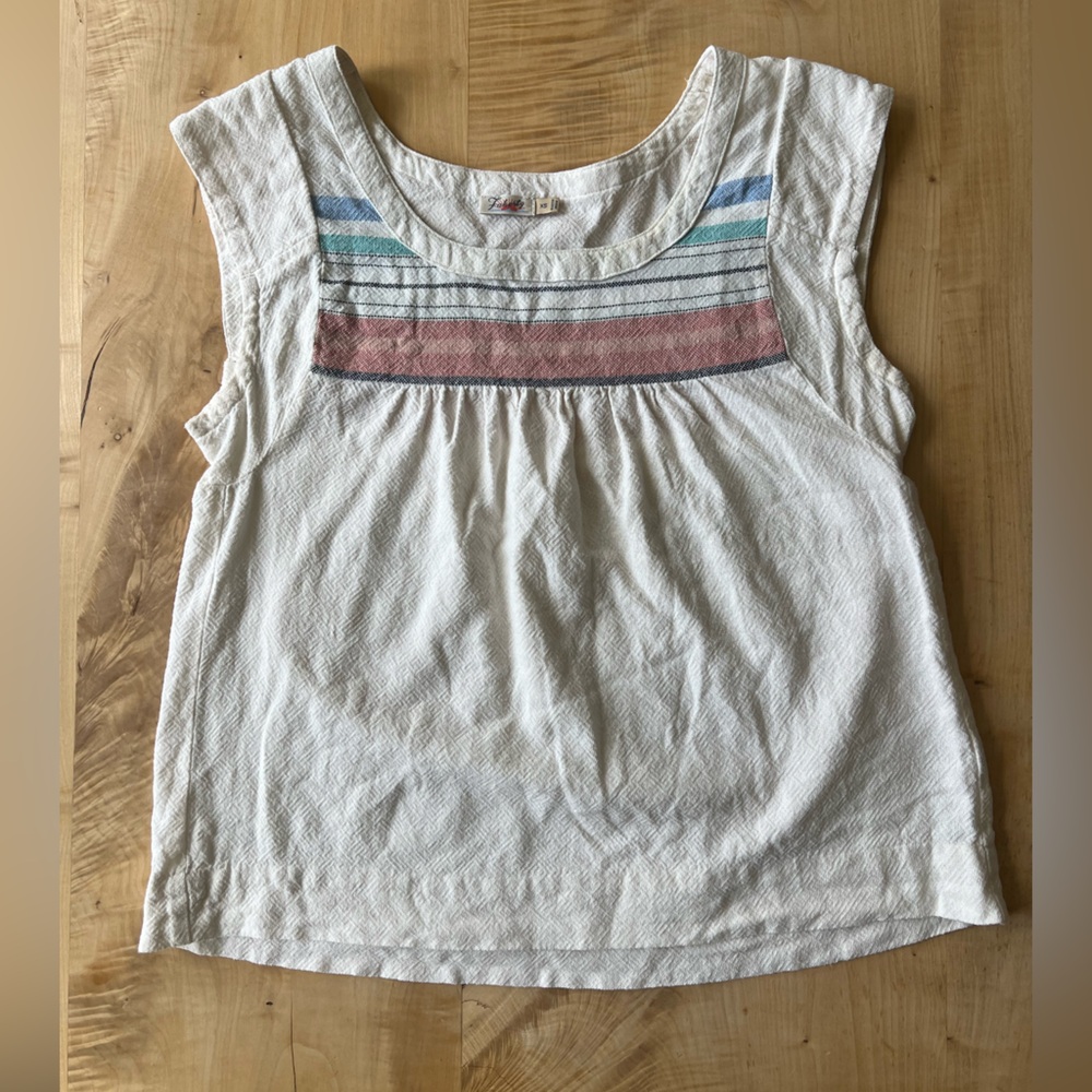 Fahrety 100 percent cotton White Sleeveless Top with Multicolor Stripe Yoke